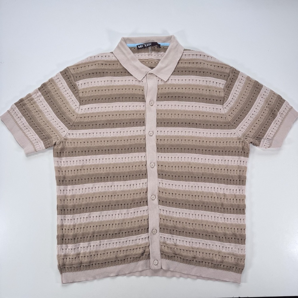 MR TURK Logan Short Sleeve Polo Knit Button Up Shirt Beige Stripe Mens Large